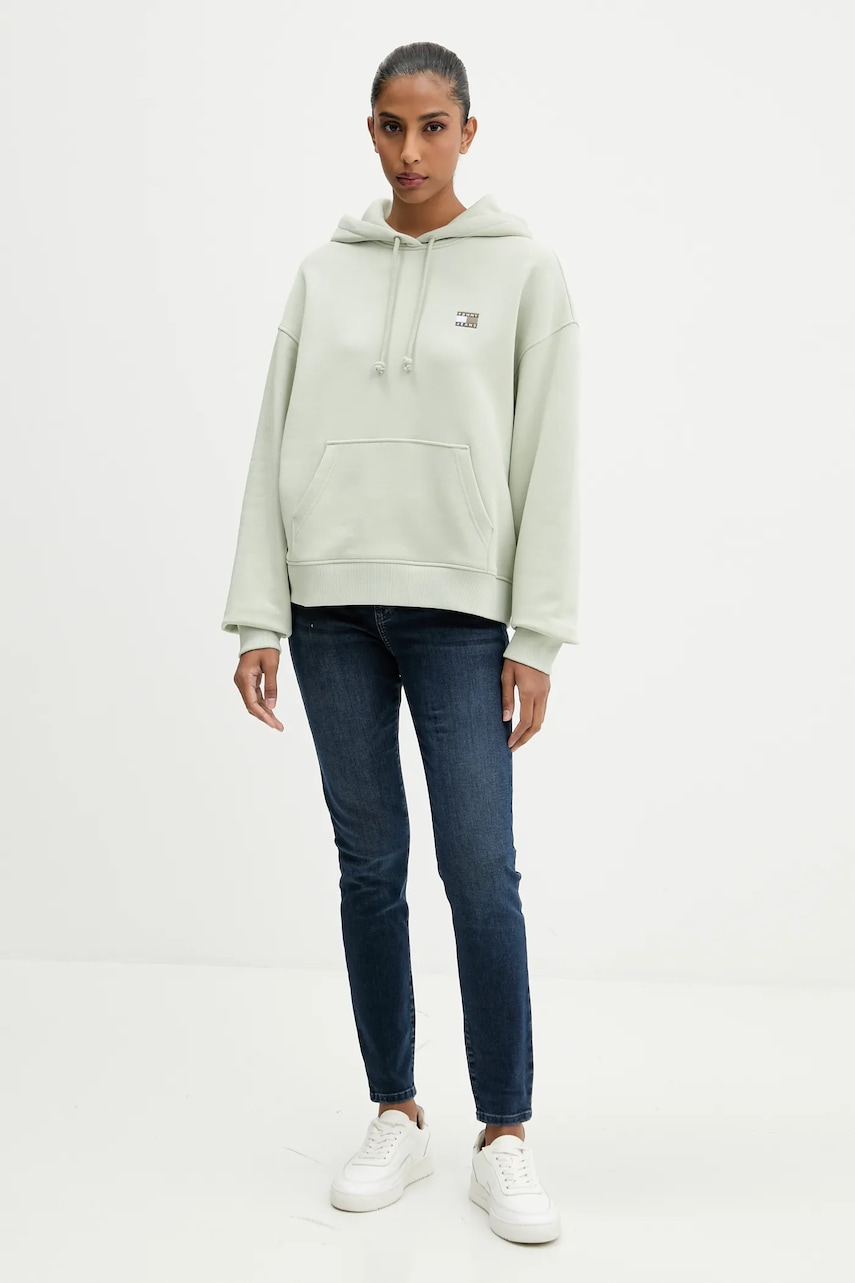 Хлопковая кофта Tommy Jeans цвет розовый с капюшоном с аппликацией DW0DW19414 Хлопковая кофта Tommy Jeans цвет розовый с капюшоном с аппликацией DW0DW19414