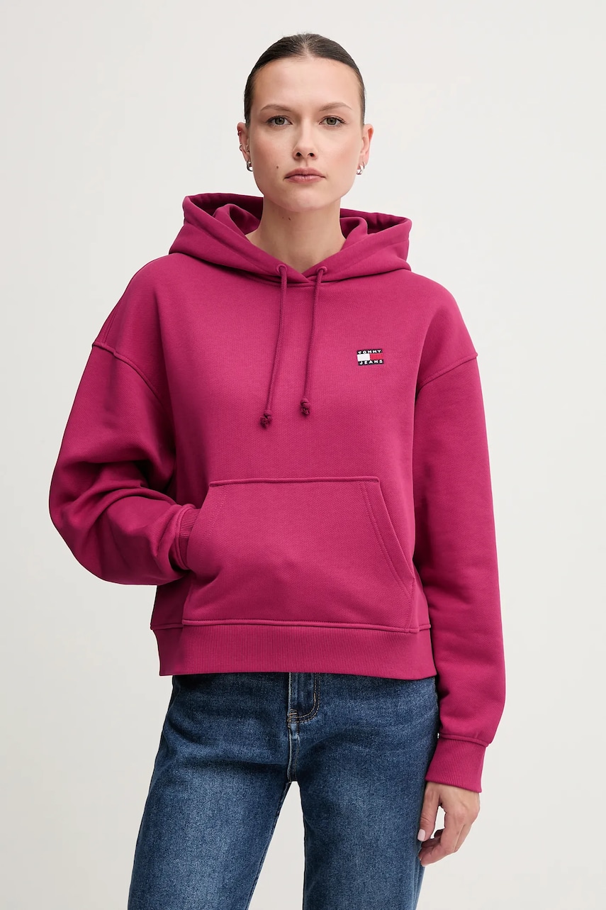 Tommy Jeans hanorac de bumbac femei, culoarea roz, cu glugă, cu imprimeu, DW0DW19414 Tommy Jeans hanorac de bumbac femei, culoarea roz, cu glugă, cu imprimeu, DW0DW19414