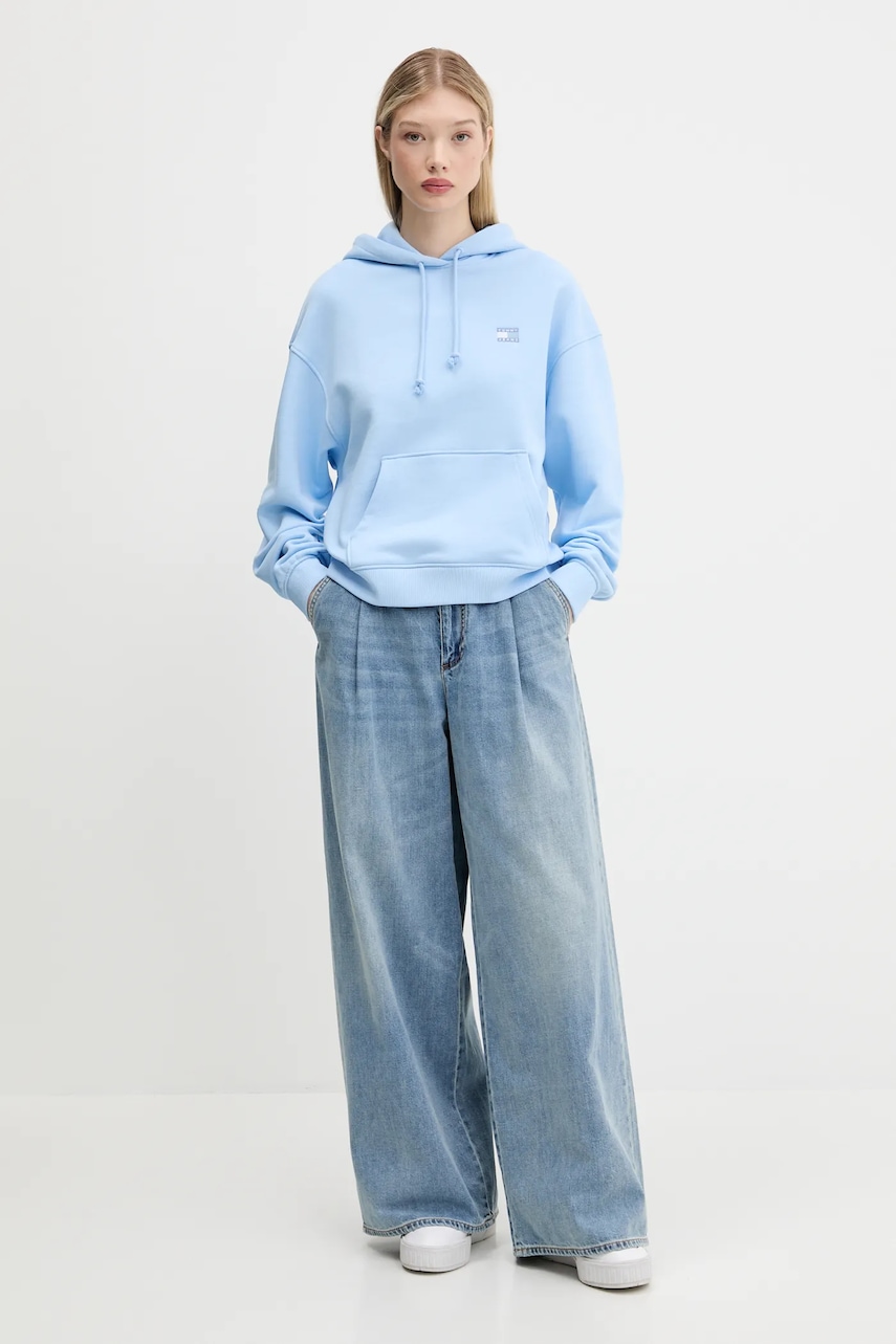 Хлопковая кофта Tommy Jeans цвет розовый с капюшоном с аппликацией DW0DW19414 Хлопковая кофта Tommy Jeans цвет розовый с капюшоном с аппликацией DW0DW19414