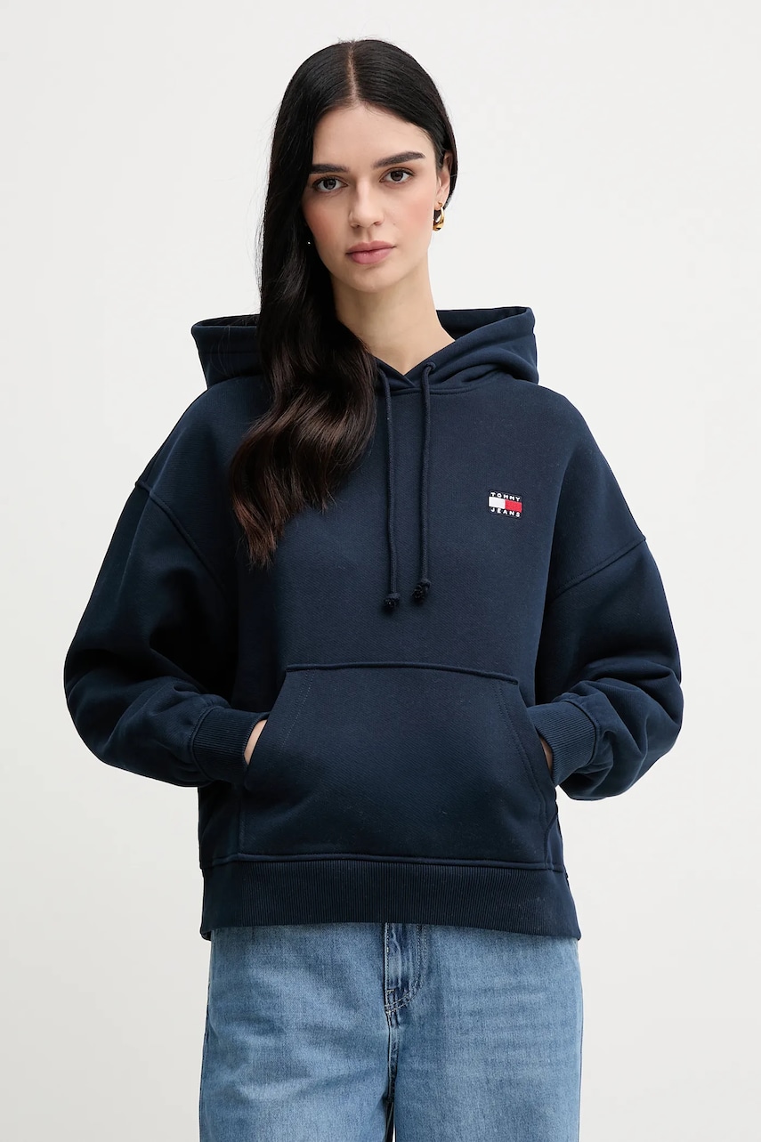 Tommy Jeans hanorac de bumbac femei, culoarea albastru marin, cu glugă, cu imprimeu, DW0DW19414 Tommy Jeans hanorac de bumbac femei, culoarea albastru marin, cu glugă, cu imprimeu, DW0DW19414