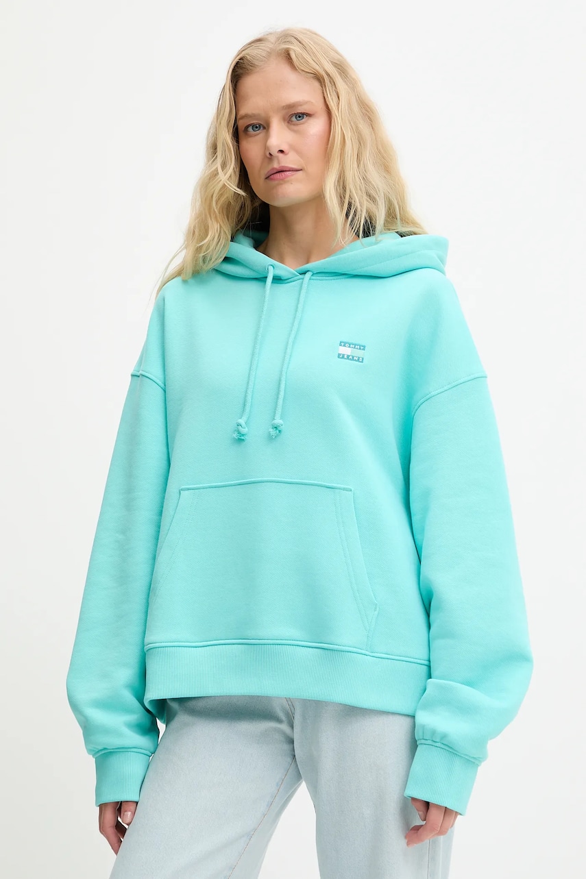 Tommy Jeans hanorac de bumbac culoarea roz, cu glugă, cu imprimeu, DW0DW19414