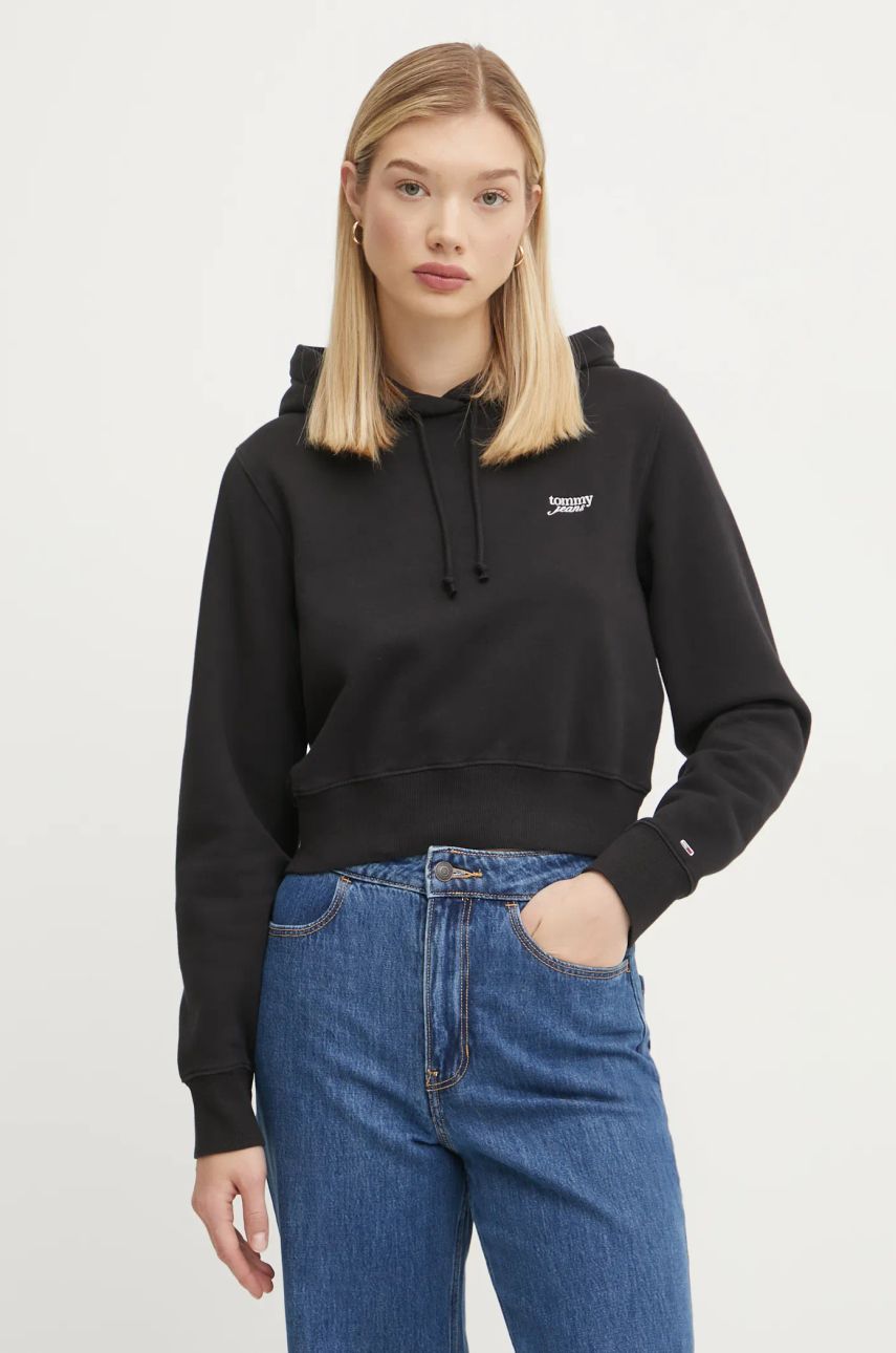 Tommy Jeans bluză femei, culoarea negru, cu glugă, uni, DW0DW19908