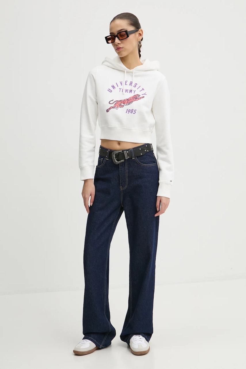 Хлопковая кофта Tommy Jeans женская цвет белый с капюшоном с принтом DW0DW20171 Хлопковая кофта Tommy Jeans женская цвет белый с капюшоном с принтом DW0DW20171