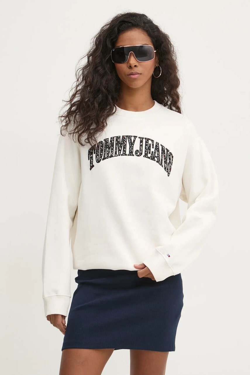Tommy Jeans bluza femei, culoarea bej, cu imprimeu, DW0DW20172 Tommy Jeans bluza femei, culoarea bej, cu imprimeu, DW0DW20172