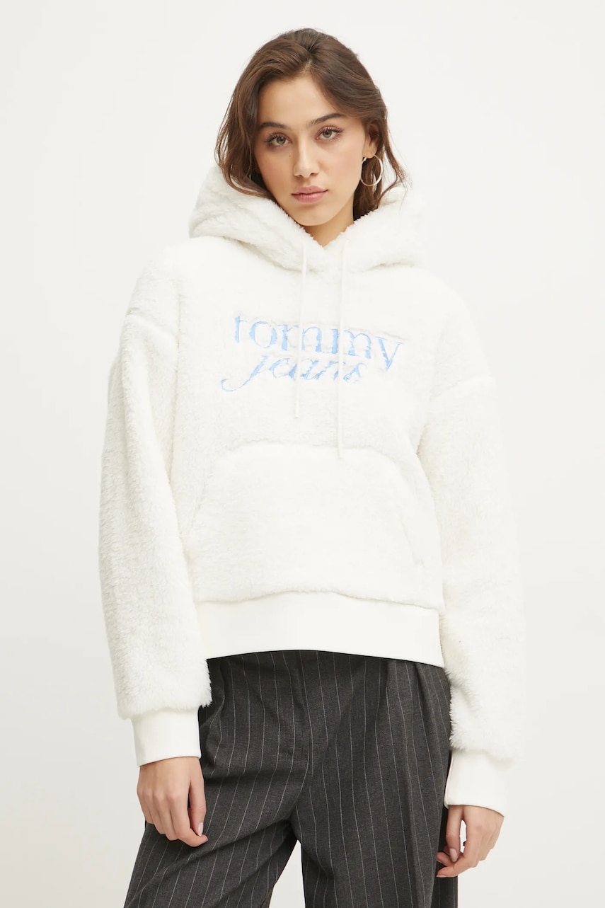 Tommy Jeans bluza femei, culoarea bej, cu glugă, cu imprimeu, DW0DW20465 Tommy Jeans bluza femei, culoarea bej, cu glugă, cu imprimeu, DW0DW20465