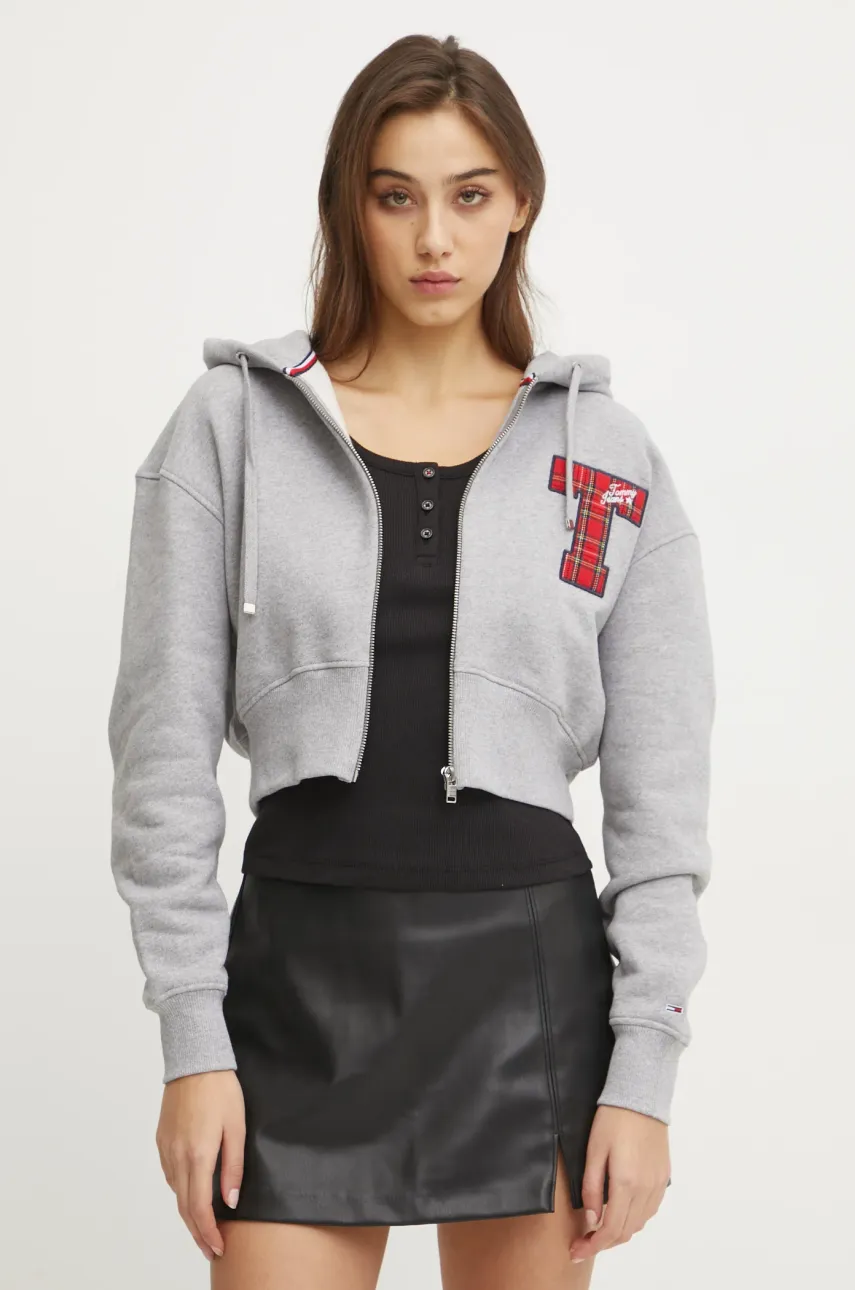 Bavlněná mikina Tommy Jeans dámská, šedá barva, s kapucí, melanžová, DW0DW20535