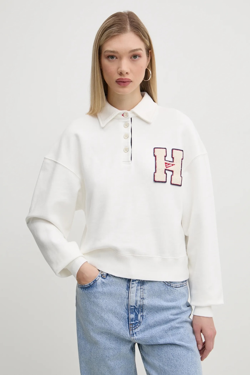 Tommy Jeans hanorac de bumbac femei, culoarea bej, cu imprimeu, DW0DW20537 Tommy Jeans hanorac de bumbac femei, culoarea bej, cu imprimeu, DW0DW20537