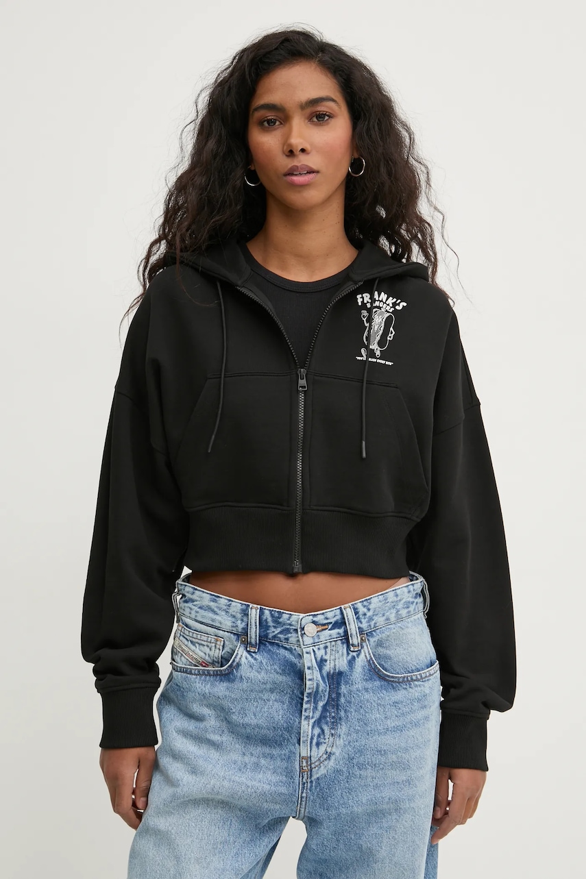 Hugo Blue hanorac de bumbac femei, culoarea negru, cu glugă, cu imprimeu, 50533975