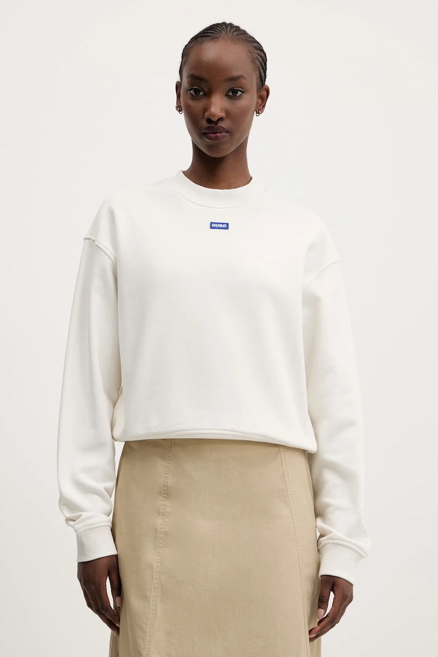 Hugo Blue hanorac de bumbac femei, culoarea alb, cu imprimeu, 50534344