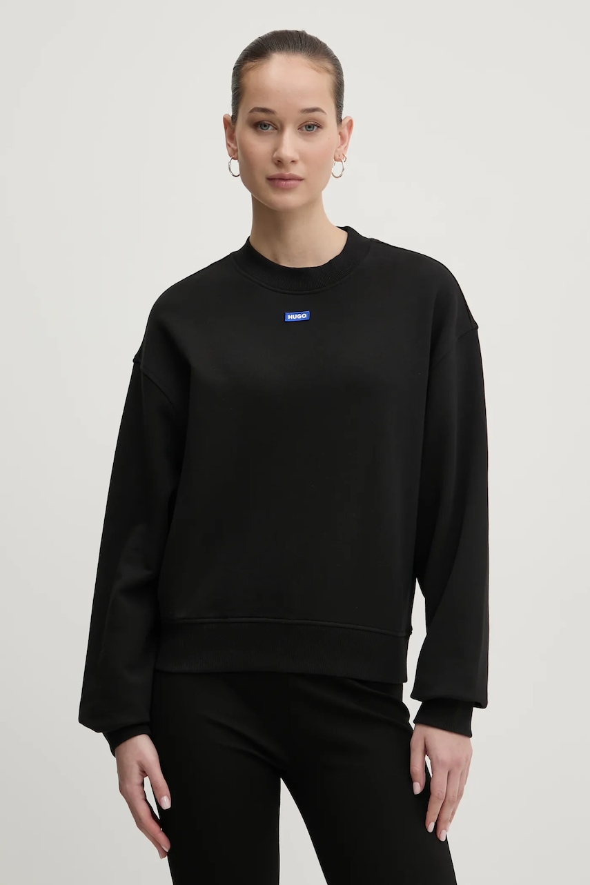 Bavlněná mikina Hugo Blue Delessa_B_1 dámská, černá barva, s aplikací, 50534344