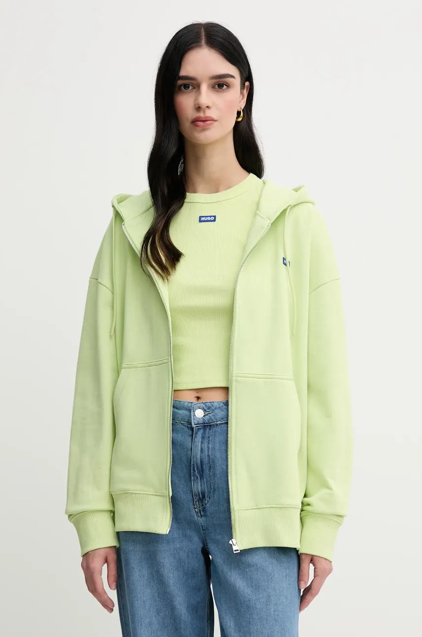 Hugo Blue hanorac de bumbac femei, culoarea verde, cu glugă, uni, 50542512