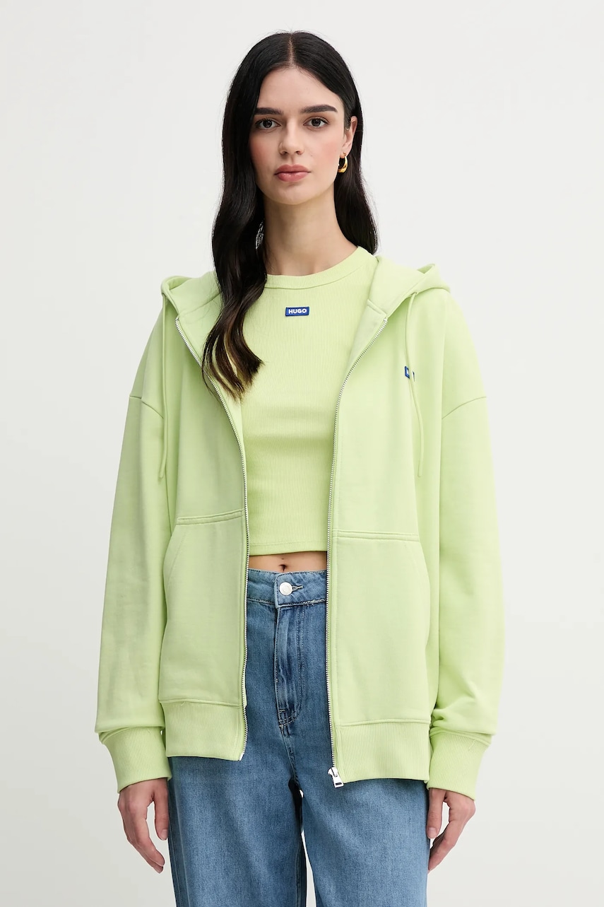 Hugo Blue hanorac de bumbac femei, culoarea verde, cu glugă, uni, 50542512