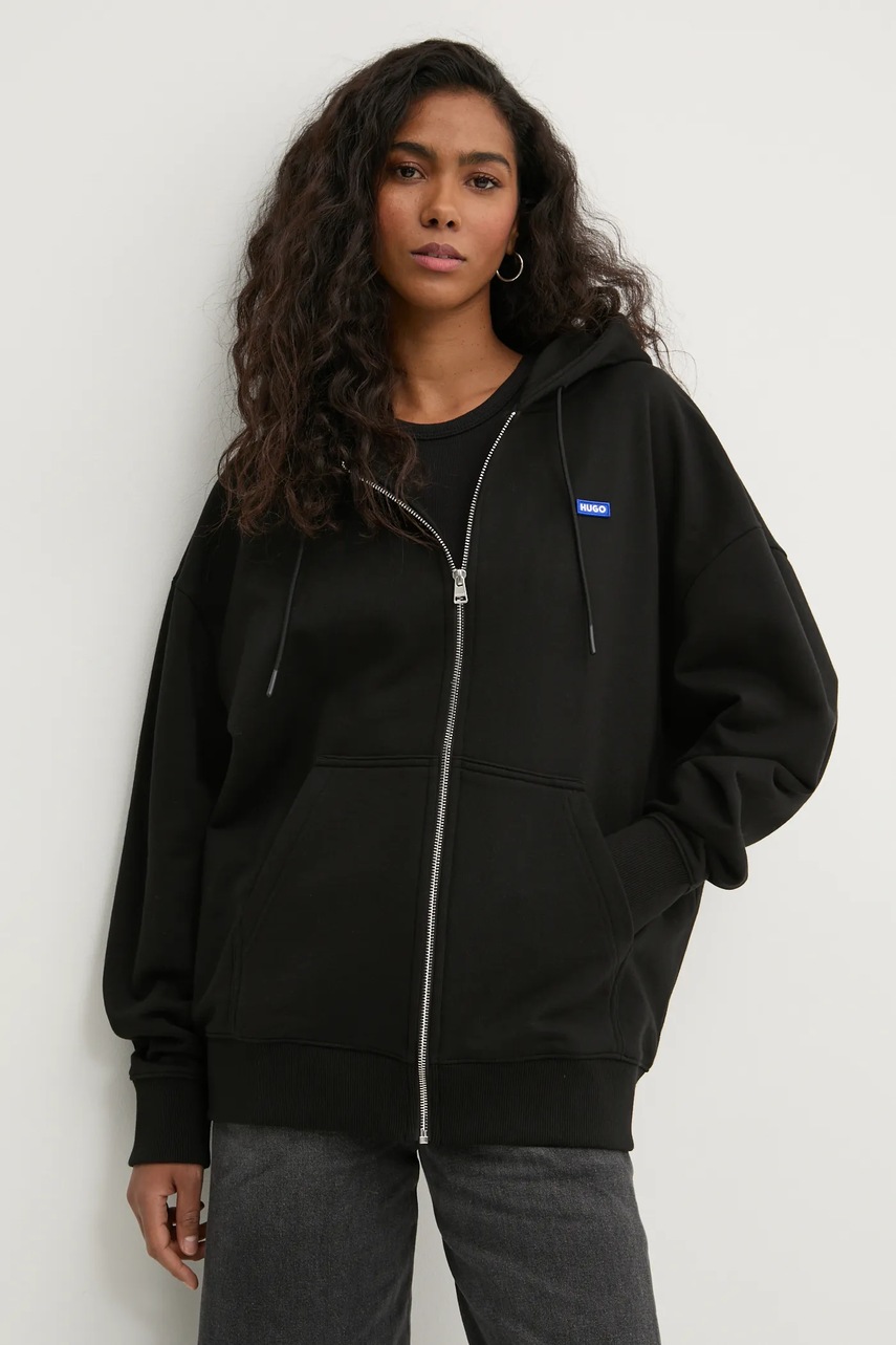Hugo Blue hanorac de bumbac femei, culoarea negru, cu glugă, uni, 50542512