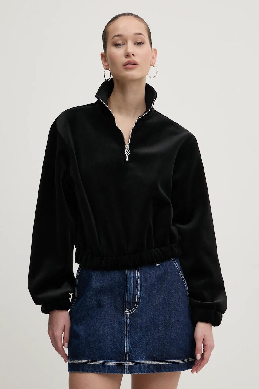 HUGO bluză din velur culoarea negru, neted, 50534055