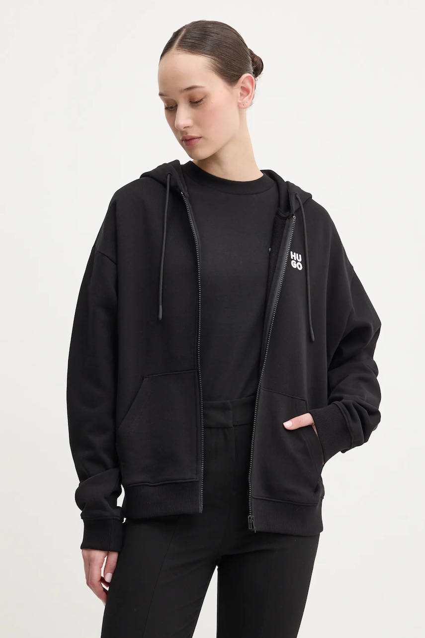 Bavlněná mikina HUGO Dalfine dámská, černá barva, s kapucí, hladká, 50535240