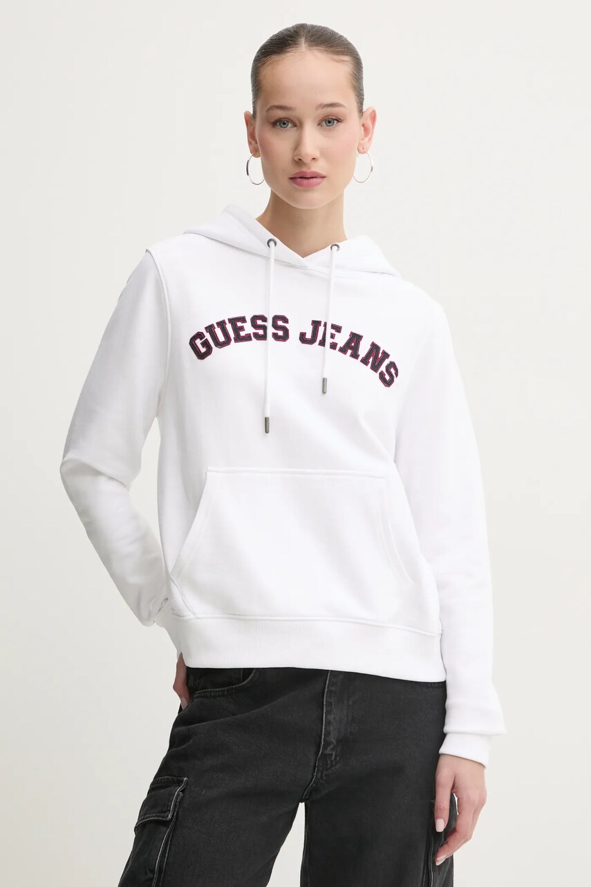 Levně Bavlněná mikina Guess Jeans dámská, bílá barva, s kapucí, s aplikací, W5RQ17 K68I4