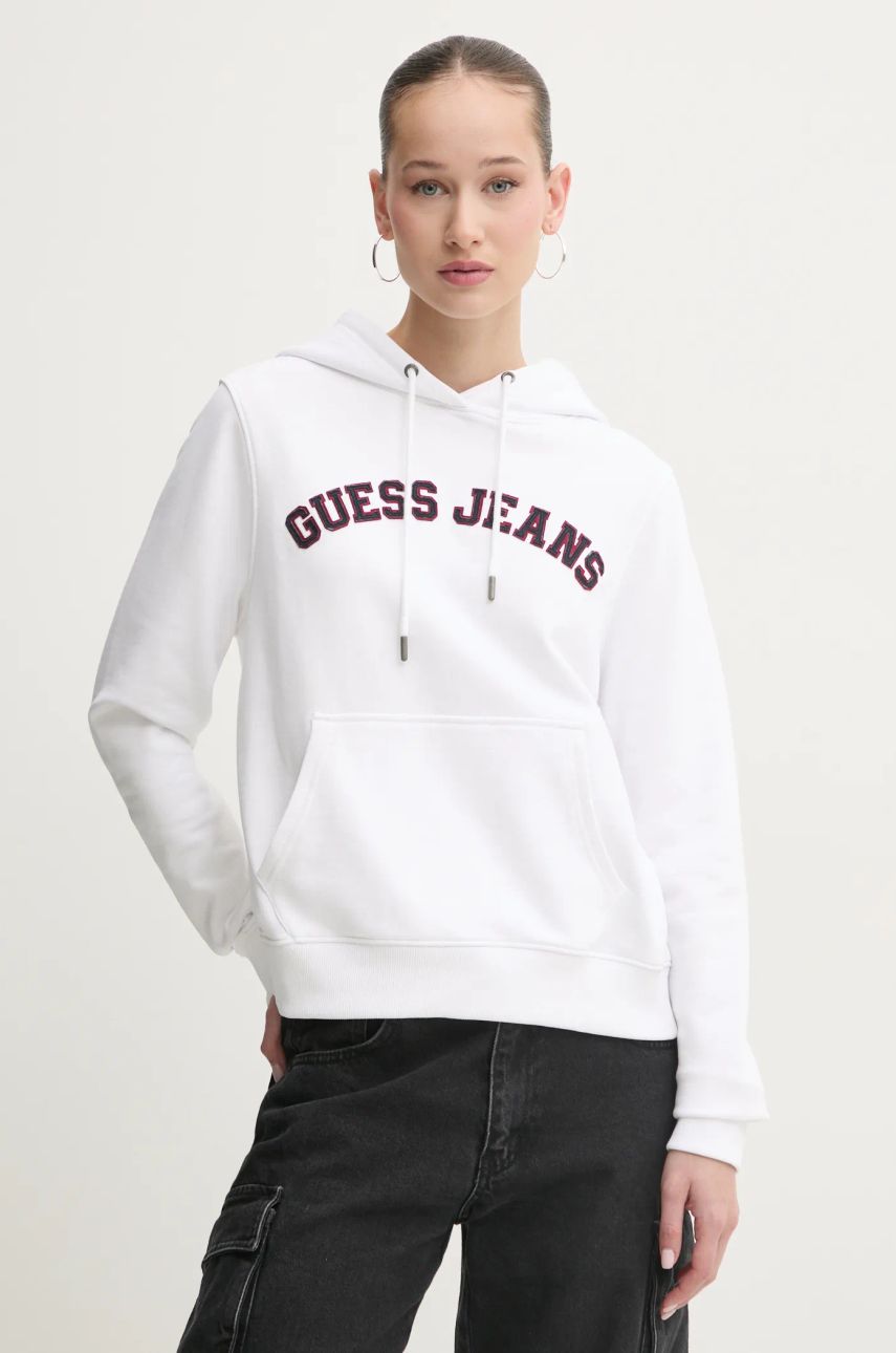 Pamučna dukserica Guess Jeans za žene, boja: bijela, s kapuljačom, s aplikacijom, W5RQ17 K68I4