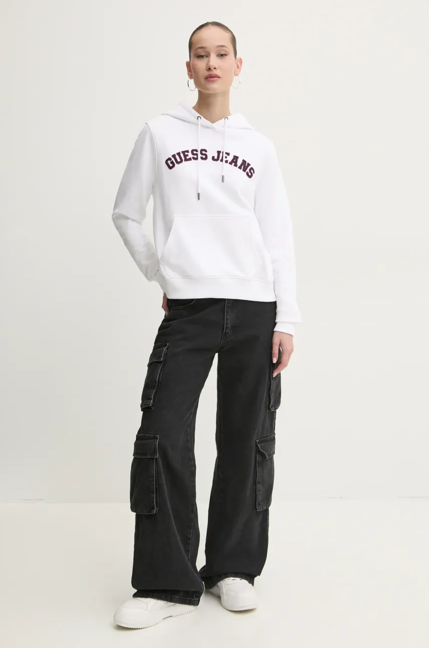 Хлопковая кофта Guess Jeans женская цвет белый с капюшоном с аппликацией W5RQ17 K68I4 Хлопковая кофта Guess Jeans женская цвет белый с капюшоном с аппликацией W5RQ17 K68I4