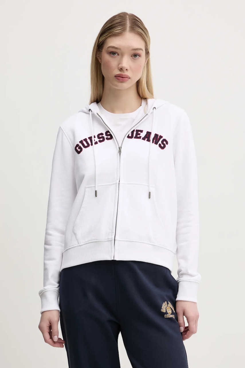 Levně Bavlněná mikina Guess Jeans dámská, bílá barva, s kapucí, melanžová, W5RQ20 K68I4