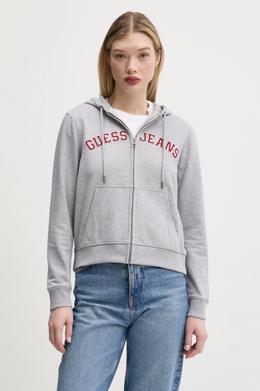 Levně Bavlněná mikina Guess Jeans dámská, šedá barva, s kapucí, melanžová, W5RQ20 K68I4