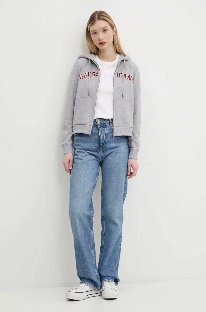 Хлопковая кофта Guess Jeans женская цвет серый с капюшоном меланж W5RQ20 K68I4 Хлопковая кофта Guess Jeans женская цвет серый с капюшоном меланж W5RQ20 K68I4