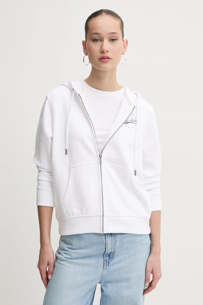 Levně Bavlněná mikina Guess Jeans dámská, bílá barva, s kapucí, s potiskem, W5RQ21 K68I4