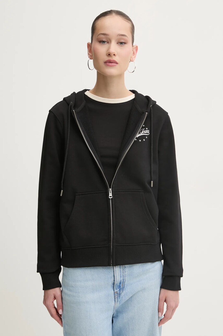 Levně Bavlněná mikina Guess Jeans dámská, černá barva, s kapucí, s potiskem, W5RQ21 K68I4