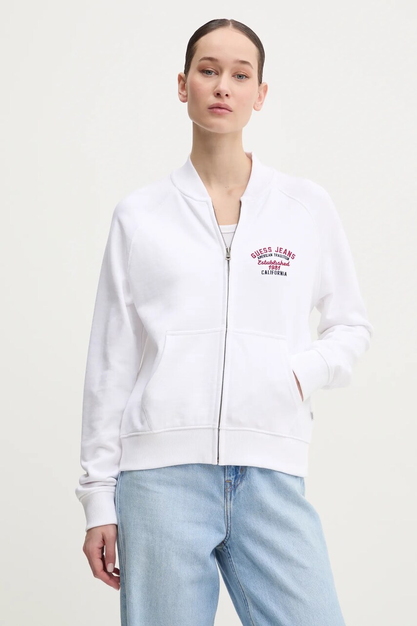 Levně Bavlněná mikina Guess Jeans dámská, bílá barva, s aplikací, W5RQ22 K68I4