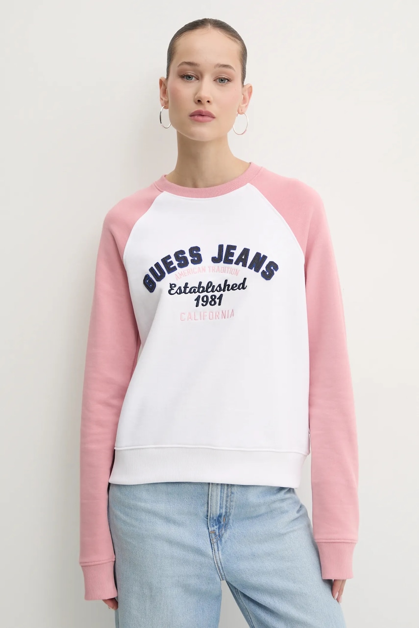 Levně Bavlněná mikina Guess Jeans dámská, bílá barva, s aplikací, W5RQ23 K68I4