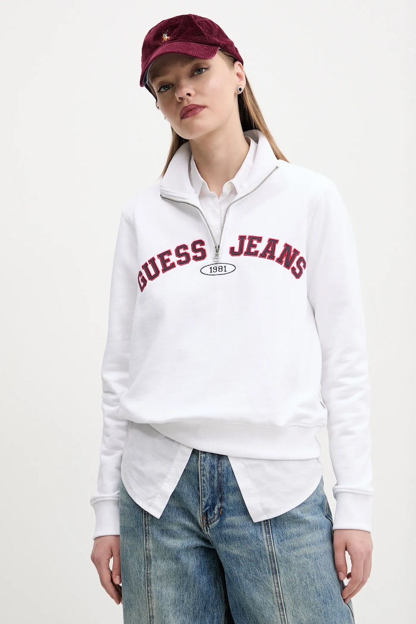 Levně Bavlněná mikina Guess Jeans dámská, bílá barva, s aplikací, W5RQ25 K68I4