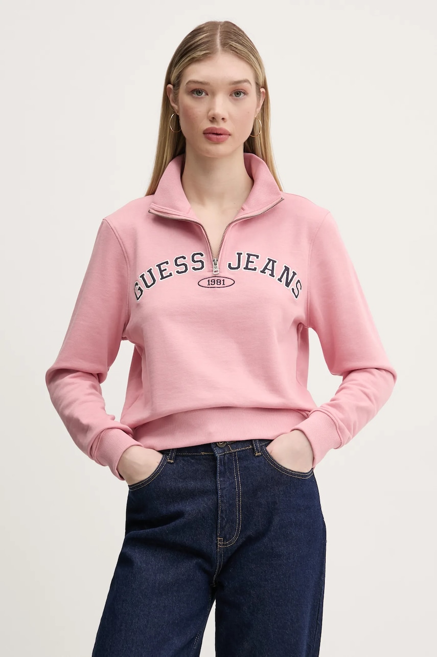 Levně Bavlněná mikina Guess Jeans dámská, růžová barva, s aplikací, W5RQ25 K68I4