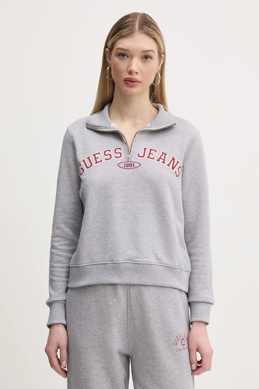 Levně Bavlněná mikina Guess Jeans dámská, šedá barva, s aplikací, W5RQ25 K68I4