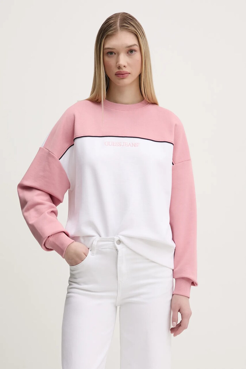 Levně Bavlněná mikina Guess Jeans dámská, růžová barva, s aplikací, W5RQ26 K68I4