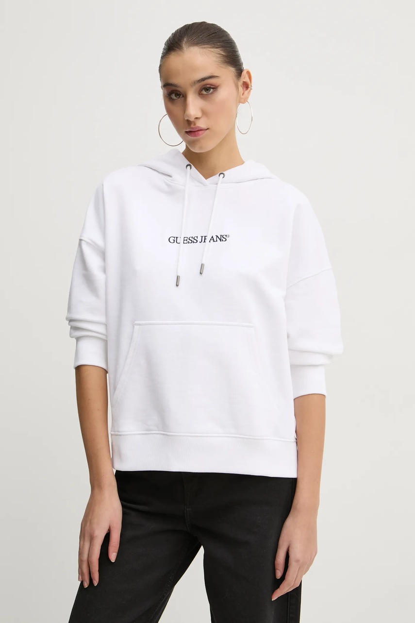 Βαμβακερή μπλούζα Guess Jeans γυναικεία, χρώμα: άσπρο, με κουκούλα, W5RQ27 K68I4 φωτογραφία