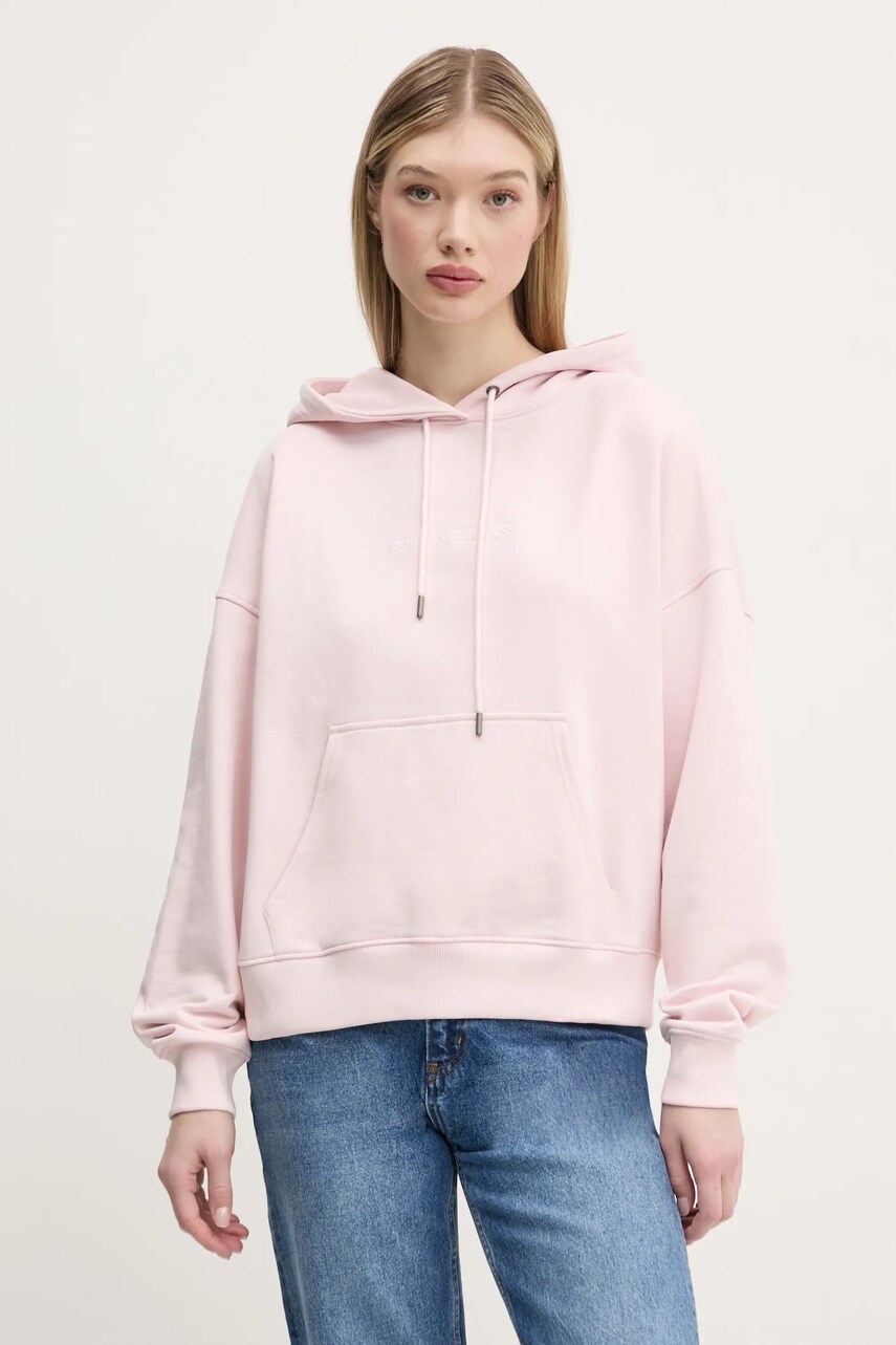 Levně Bavlněná mikina Guess Jeans dámská, růžová barva, s kapucí, s aplikací, W5RQ27 K68I4