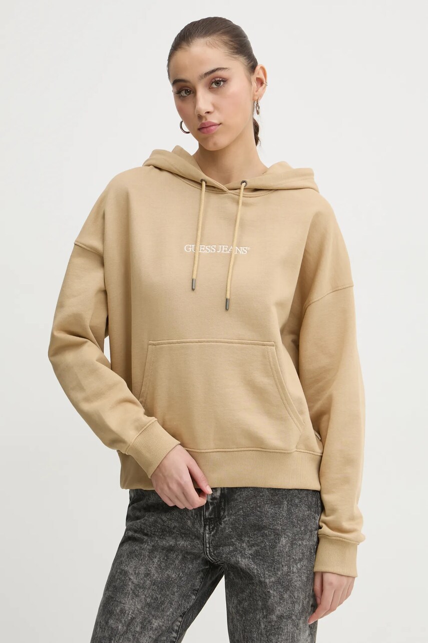 Levně Bavlněná mikina Guess Jeans dámská, béžová barva, s kapucí, s aplikací, W5RQ27 K68I4
