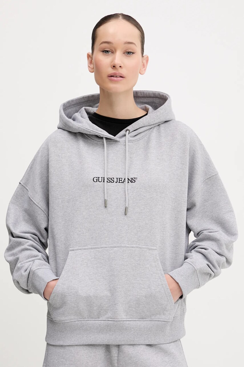 Levně Bavlněná mikina Guess Jeans dámská, šedá barva, s kapucí, s aplikací, W5RQ27 K68I4