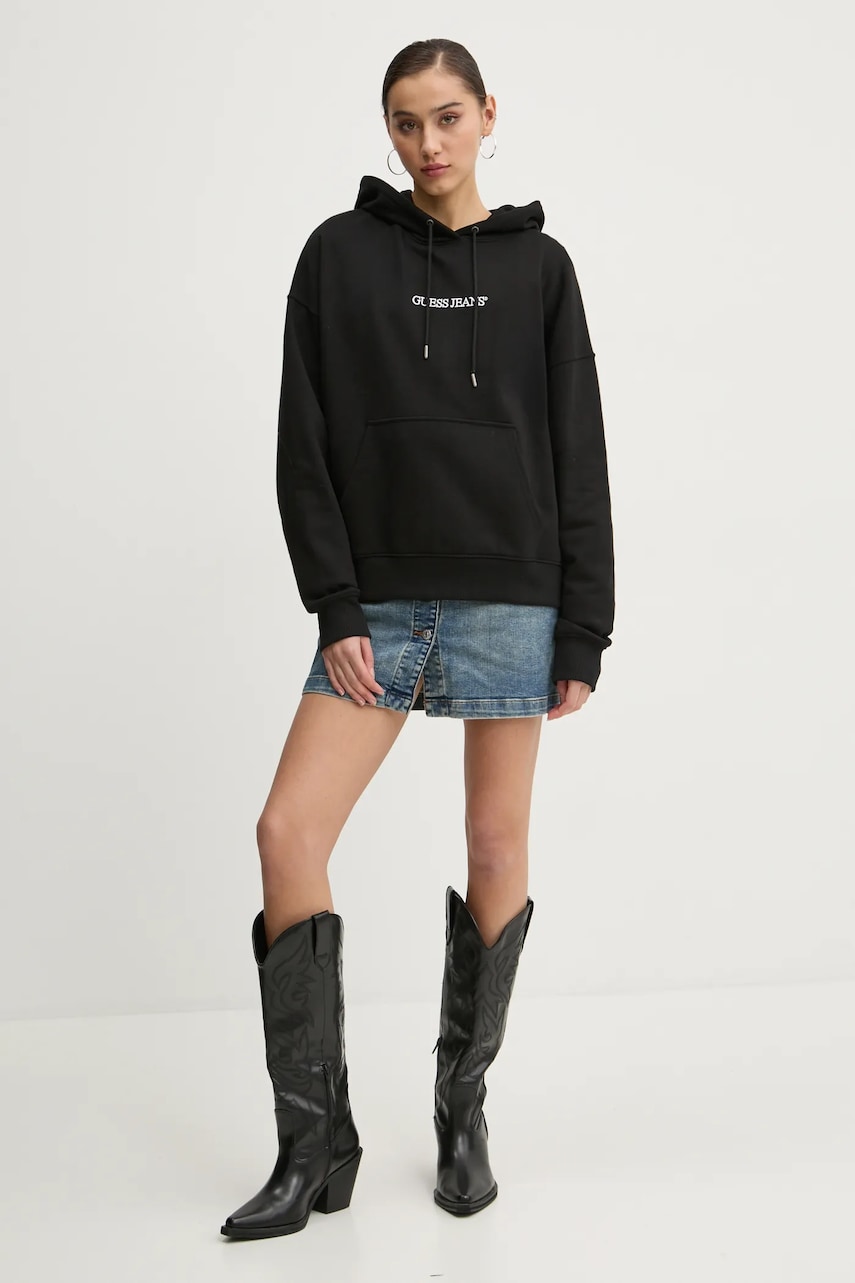 Guess Jeans Βαμβακερή μπλούζα Guess Jeans γυναικεία, χρώμα: μαύρο, με κουκούλα, W5RQ27 K68I4