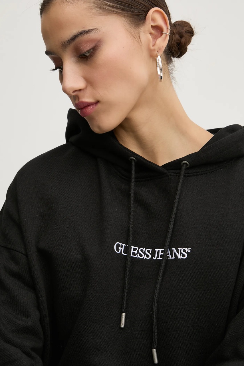 Βαμβακερή μπλούζα Guess Jeans γυναικεία, χρώμα: μαύρο, με κουκούλα, W5RQ27 K68I4 φωτογραφία