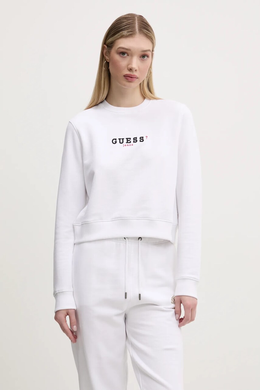 Levně Bavlněná mikina Guess Jeans dámská, bílá barva, s potiskem, W5RQ28 K68I4