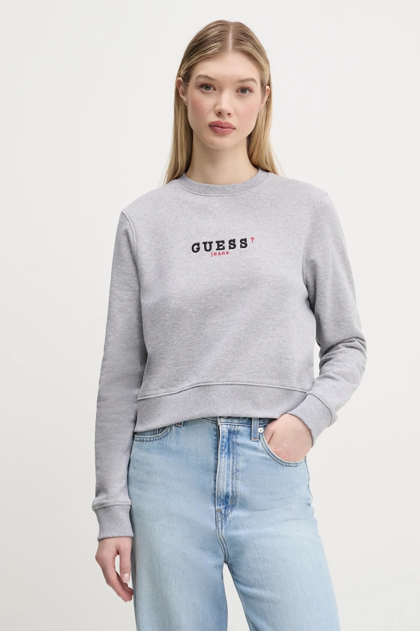 Levně Bavlněná mikina Guess Jeans dámská, šedá barva, s potiskem, W5RQ28 K68I4
