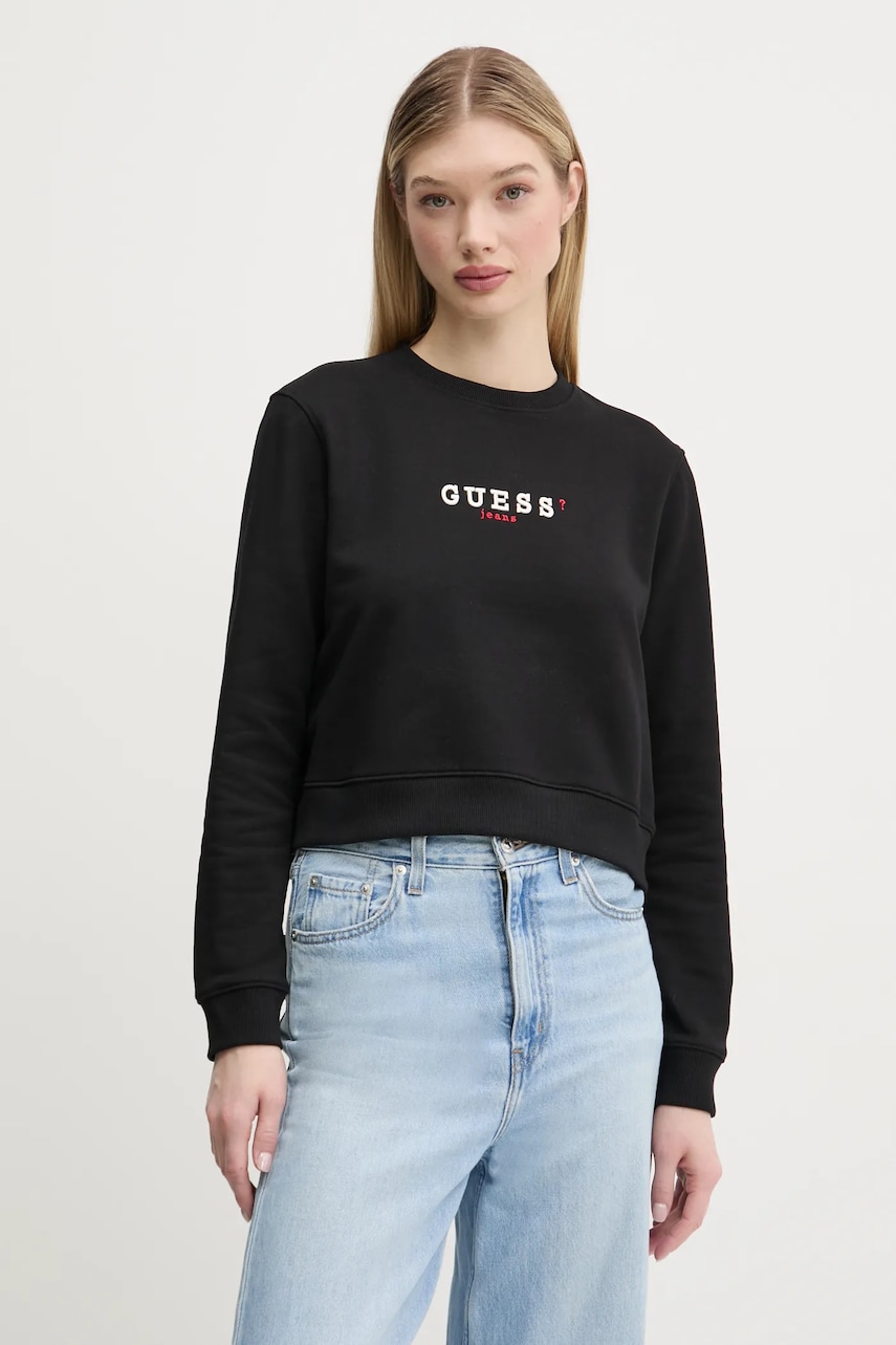 Levně Bavlněná mikina Guess Jeans dámská, černá barva, s potiskem, W5RQ28 K68I4