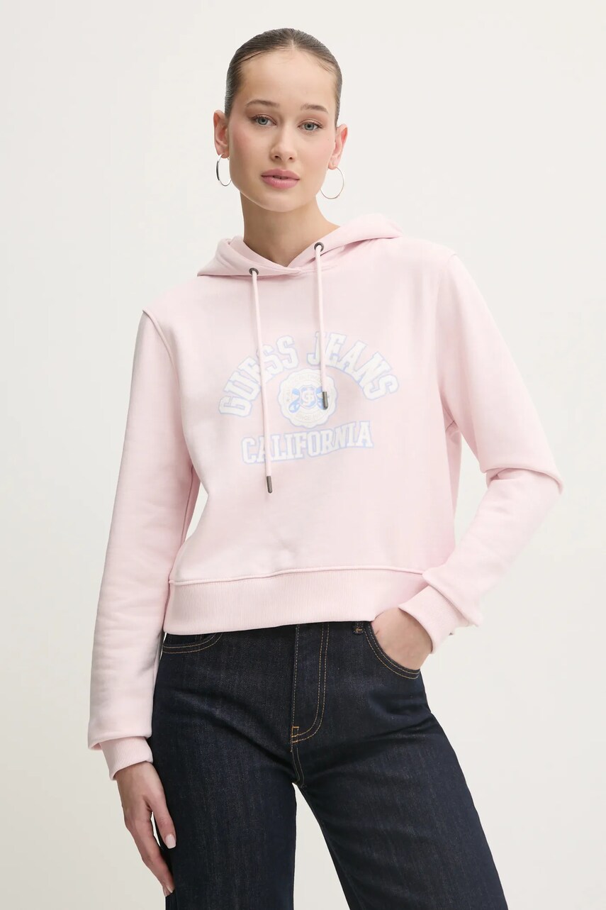 Levně Bavlněná mikina Guess Jeans dámská, růžová barva, s kapucí, s potiskem, W5RQ29 K68I4