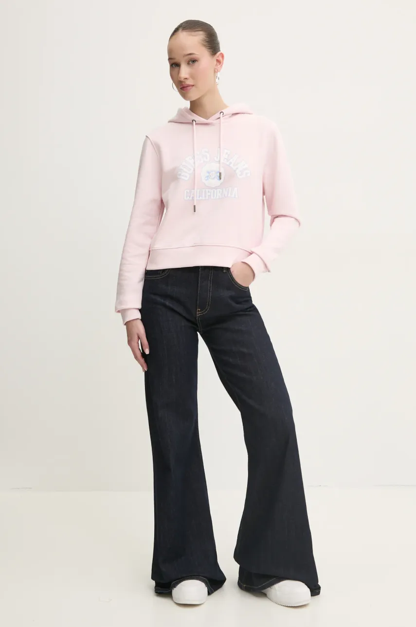 Хлопковая кофта Guess Jeans женская цвет розовый с капюшоном с принтом W5RQ29 K68I4 Хлопковая кофта Guess Jeans женская цвет розовый с капюшоном с принтом W5RQ29 K68I4