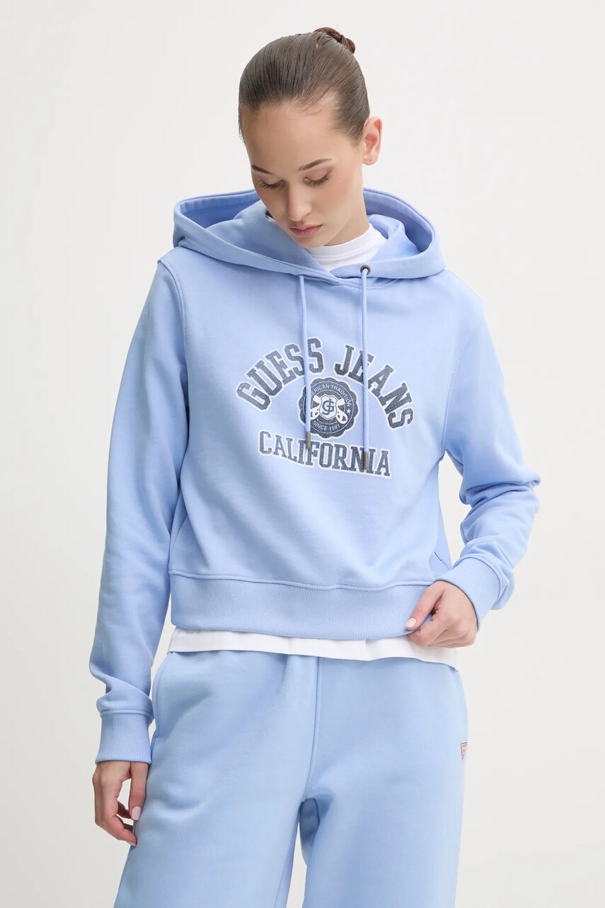 Levně Bavlněná mikina Guess Jeans dámská, modrá barva, s kapucí, s potiskem, W5RQ29 K68I4