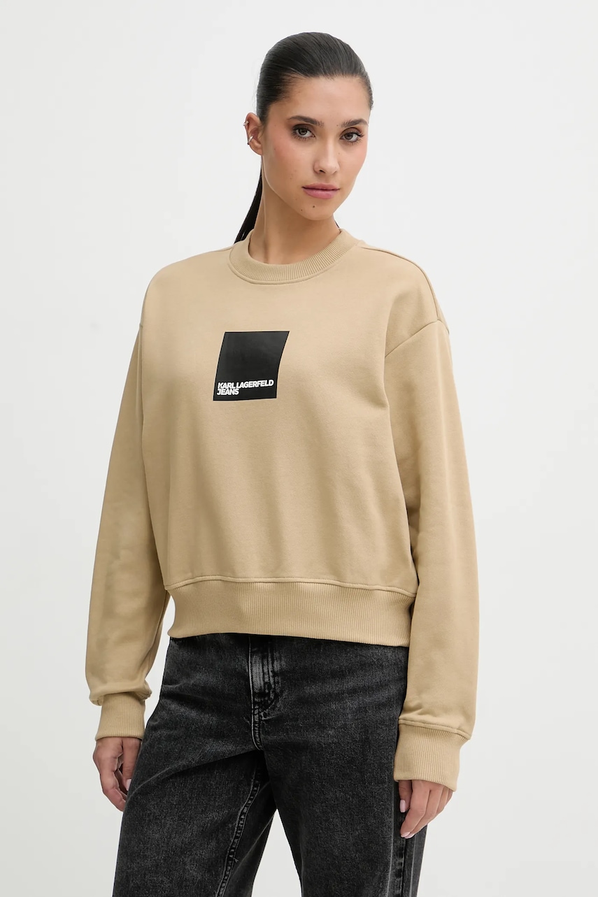 Bavlněná mikina Karl Lagerfeld Jeans dámská, béžová barva, s potiskem, A1W20006