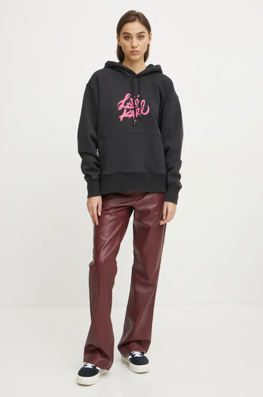 Хлопковая кофта Karl Lagerfeld Jeans женская цвет чёрный с капюшоном с принтом A1W20093 Хлопковая кофта Karl Lagerfeld Jeans женская цвет чёрный с капюшоном с принтом A1W20093
