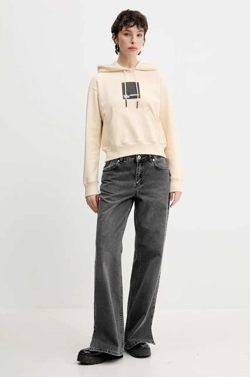 Хлопковая кофта Karl Lagerfeld Jeans женская цвет бежевый с капюшоном с принтом A1W20007 Хлопковая кофта Karl Lagerfeld Jeans женская цвет бежевый с капюшоном с принтом A1W20007