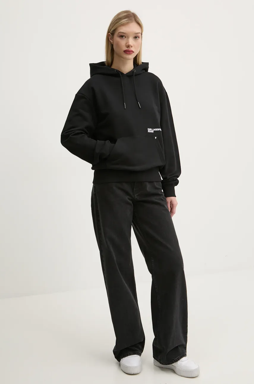 Хлопковая кофта Karl Lagerfeld Jeans женская цвет чёрный с капюшоном с принтом A1W20019 Хлопковая кофта Karl Lagerfeld Jeans женская цвет чёрный с капюшоном с принтом A1W20019