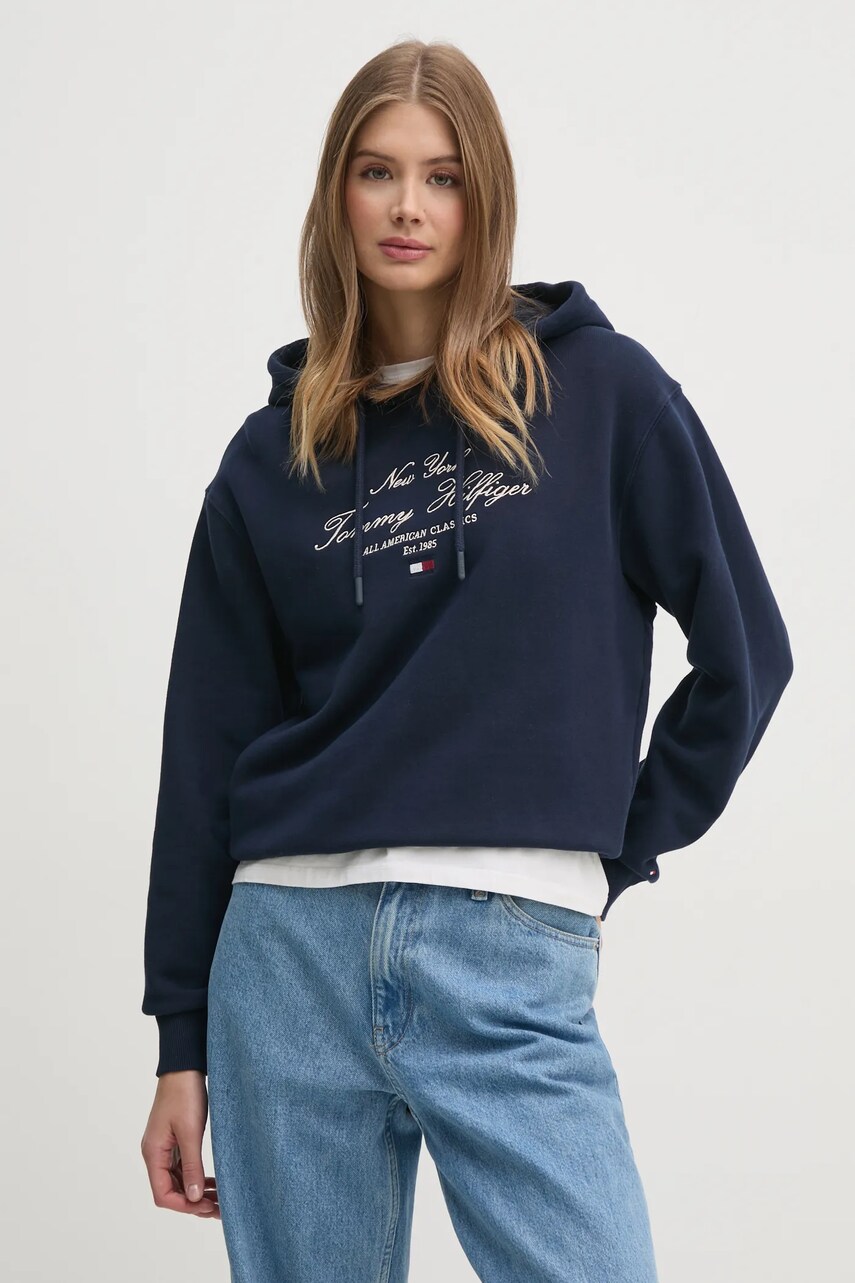 Levně Bavlněná mikina Tommy Hilfiger dámská, tmavomodrá barva, s kapucí, s aplikací, WW0WW43842